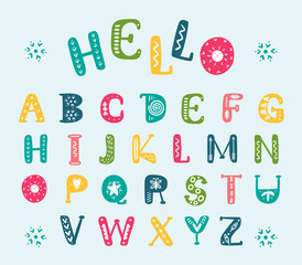 Alphabet Vector set. Hand Drawn Doodle Letters for kids. Latin alphabet. Colorful Abc Vector Illustration.