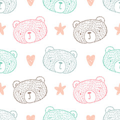 Cartoon Teddy Bears Vector Seamless Pattern. Scandinavian style Animals. Background for Kids of Hand drawn Doodle Cute Baby Brown Bear Head with Stars and Hearts