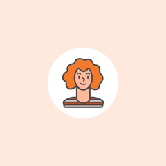 Young lady with orange red hair. Outline person. Women's Face avatar. Funny haircut. Minimalistic round Icon. Colored Vector trendy illustration. Cartoon style, simple flat design. Icon is isolated