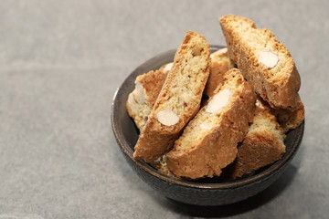 Cantuccini cookies in a bowl.  Delicious almond cookies.