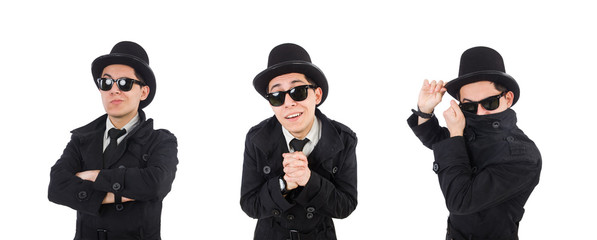 Young detective in black coat isolated on white