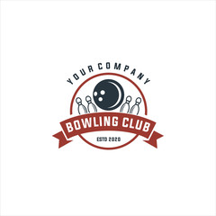 Bowling vector logotype, emblem and badge. Club gaming play, skittle and strike illustration. Template for bowling club, tournament, champion, challenge, Bowling vintage logo. 