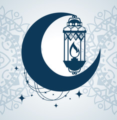 ramadan kareem poster with lantern and moon hanging vector illustration design