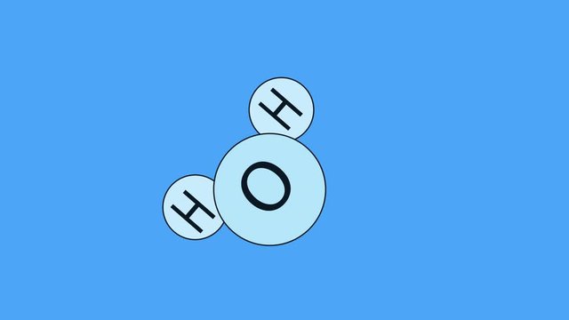 H2O molecule slowly rotating on blue background. Copy space. Chemical structure, composition and formula of water, concept. 