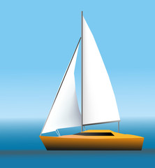 yellow-gold yacht with black windows and two white sails on the water