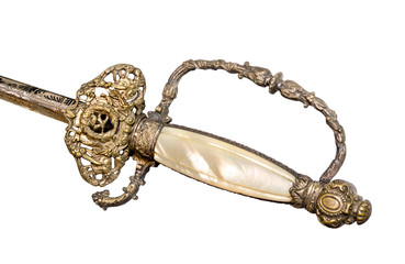 French epee of the 19th century decorated with mother of pearl , white background