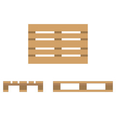 Wooden pallet. Flat design, top view, front and side view. Vector illustration.