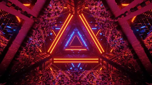 Journey Forward, Brilliant Blue and Red Illuminated Triangle Tunnel 3D