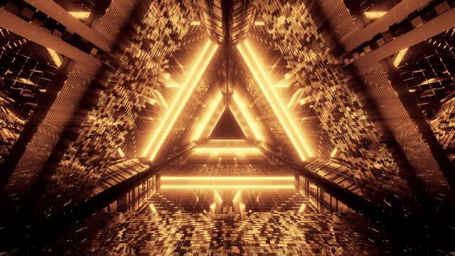 Blazing Bright Golden Illuminated Space Triangle, Forward Motion, 3D Loop