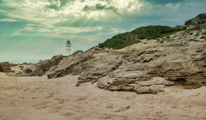 Lighthouse of Cape Trafalgar in los Caños de Meca, Barbate, Cadiz, Andalusia, Spain