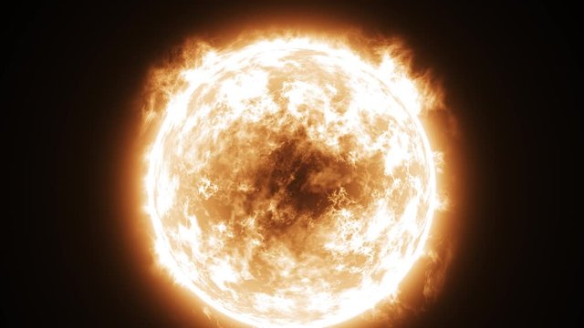 3D animation of a burning orange sun, with no space background or foreground, solar flares and core animation and the camera moving away to bring the sun in full view.