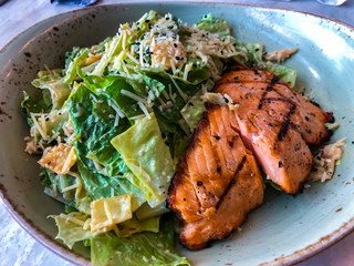 Delicious salmon cesar salad 