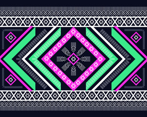 Geometric ethnic pattern oriental design on dark midnight navy background. Traditional geometry abstract with white, pink, green, for wallpaper handcraft, carpet, clothing, fabric design, wrapping.