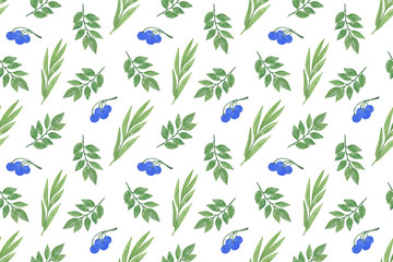 Fototapeta na wymiar Repeat pattern of watercolor fancy blue berries and leaves on the white background