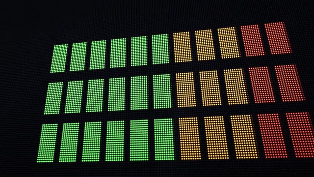 Animated 3D LED display of horizontal volume level bars moving up and down with DOF and the camera moving quickly away from close to the display to bring it in full frame.