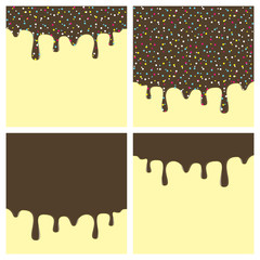 Dripping donut glaze square backgrounds set. Chocolate liquid sweet flow, tasty dessert topping with colorful sprinkles. Doughnut or ice cream drips. Vector eps8 illustration with blank copy space.