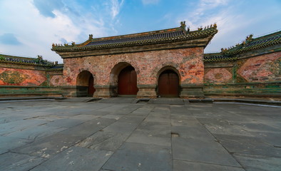 Fototapeta na wymiar Main entrance doors with three gateway. Yuxu Palace, Wudang Mountains, Wudangshan, Hubei province, China