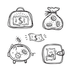 Financial, Business and Wealth Symbols. Money Icons Vector Set. Hand drawn Doodle Briefcase, Wallet, Money Bag, Piggy with Dollar Banknotes and Coins.
