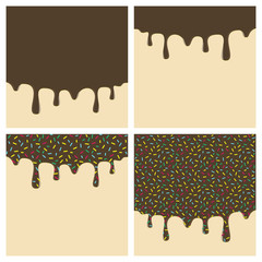 Dripping donut glaze square backgrounds set. Chocolate liquid sweet flow, tasty dessert topping with colorful sprinkles. Doughnut or ice cream drips. Vector eps8 illustration with blank copy space.v