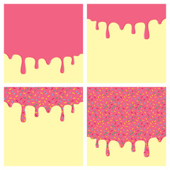 Dripping donut glaze square backgrounds set. Pink liquid sweet flow, tasty dessert topping with colorful sprinkles. Doughnut or ice cream drips. Vector eps8 illustration with blank copy space.