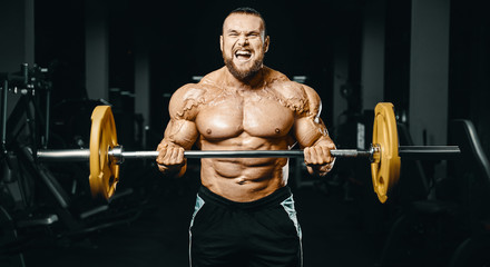 Naklejka premium Bodybuilder strong man pumping up biceps muscles
