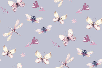 Watercolor colorful butterflies, butterfly, bugs seamless pattern on white background. blue, yellow, pink and red butterfly spring illustration.