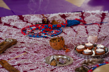 Set with Ayurvedic symbols of the five elements of nature and tibetan singing bowls. Composition of esoteric objects, yoga used for healing, meditation, relaxation and purifying. Aromatherapy.
