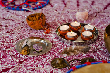 Set with Ayurvedic symbols of the five elements of nature and tibetan singing bowls. Composition of esoteric objects, yoga used for healing, meditation, relaxation and purifying. Aromatherapy.
