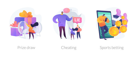 Lottery awards raffle, unfair victory and fraud, internet gambling problem icons set. Prize draw, cheating, sports betting metaphors. Vector isolated concept metaphor illustrations