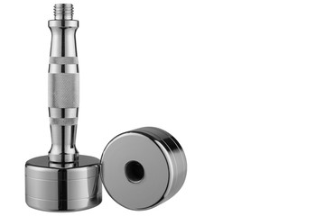 collapsible chrome dumbbell, stands on a white background, one load is unscrewed and lies nearby,...