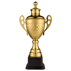 gold embossed sports cup with a lid, stands on a black pedestal, on a white background