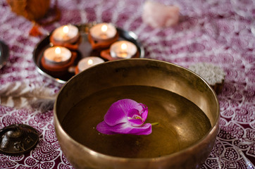 Set of tibetan singing bowl for yoga, spa salon, meditation, sound massage and healing, spiritual practices