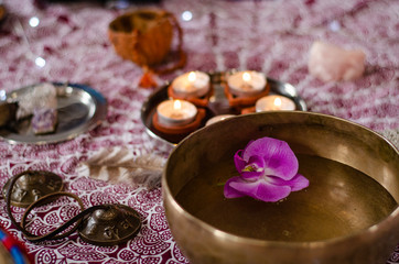 Set of tibetan singing bowl for yoga, spa salon, meditation, sound massage and healing, spiritual practices