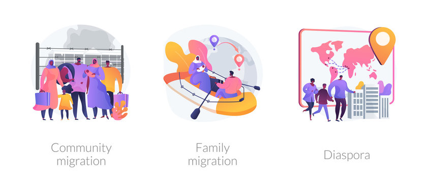 Refugees, Forced Displacement Metaphors. Community And Family Migration, Diaspora, Asylum Seekers. Country Borders Illegal Crossing Abstract Concept Vector Illustration Set.