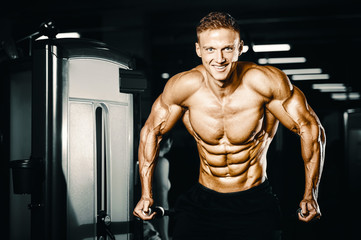 Obraz na płótnie Canvas Bodybuilder pumping up chest muscles push-ups bars