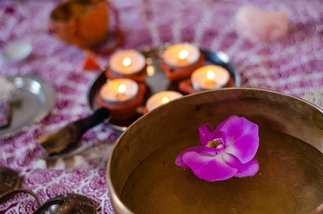 Set of tibetan singing bowl for yoga, spa salon, meditation, sound massage and healing, spiritual practices