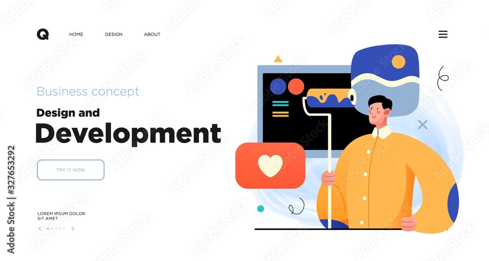 Poster design and development. landing page template with programmer or designer working in a company offic