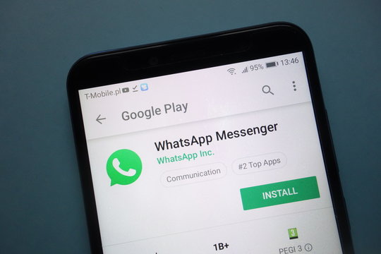 KONSKIE, POLAND - November 25, 2018: WhatsApp Messenger app on Google Play website displayed on smartphone