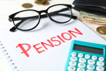 Pension concept with inscription Pension on wooden background, close up