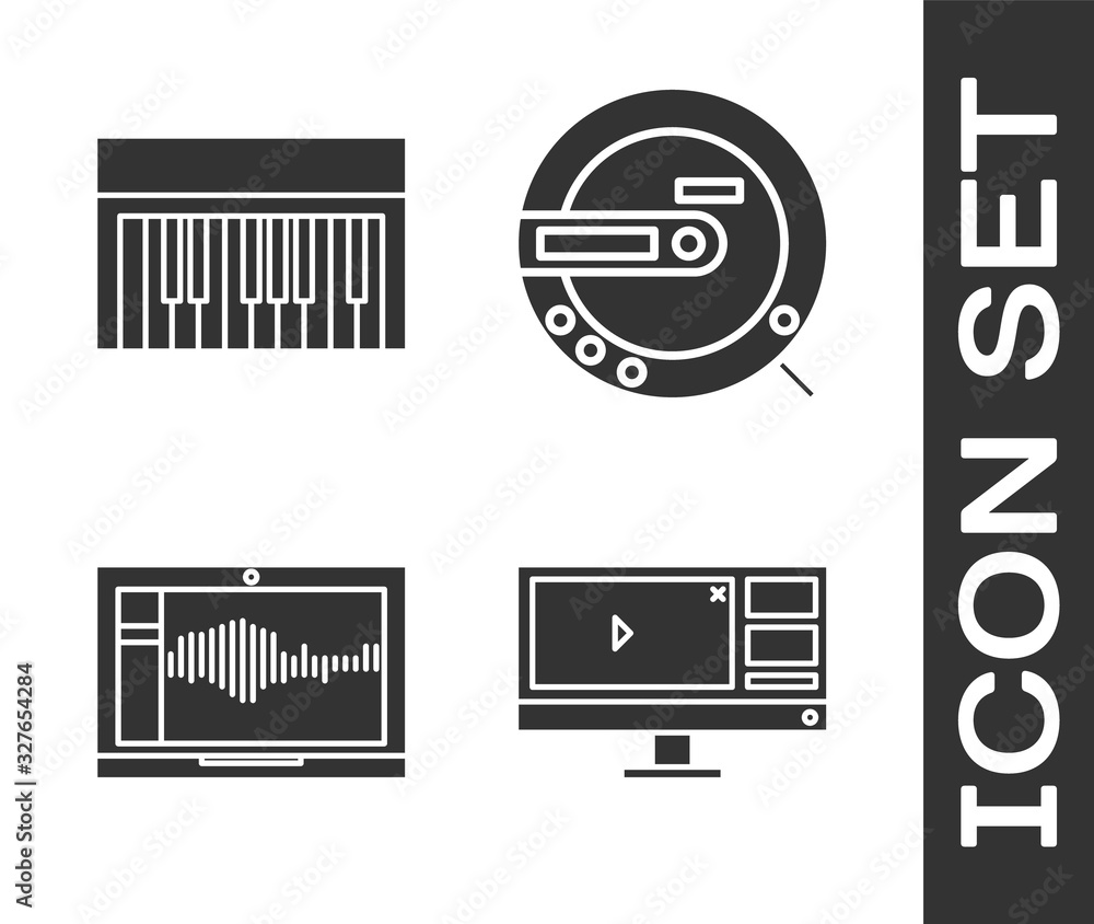 Poster set video recorder or editor software on monitor, music synthesizer, sound or audio recorder on lapt