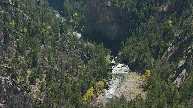 A bright turquoise mountain stream cascades through a steep narrow canyon in the Beartooth mountain range near Yellowstone National Park