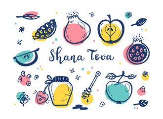 Jewish New Year Holiday. Happy Shana Tova. Rosh Hashanah Vector Greeting Card. Hand Drawn Lettering and Doodle Fruits. Pomegranate Fruit, Apples, Honey Jar, Flowers and Leaves