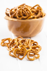 Crispy pretzels shape heart. Tasty snack.