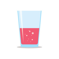 Glass half filled of fresh sparkling raspberry juice. Flat icon isolated on white background. Crimson liquid in transparent container. Stylized vector eps10 illustration with transparency.