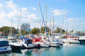 Fototapeta na wymiar Larnaca marina, motorboats, yachts, Cyprus