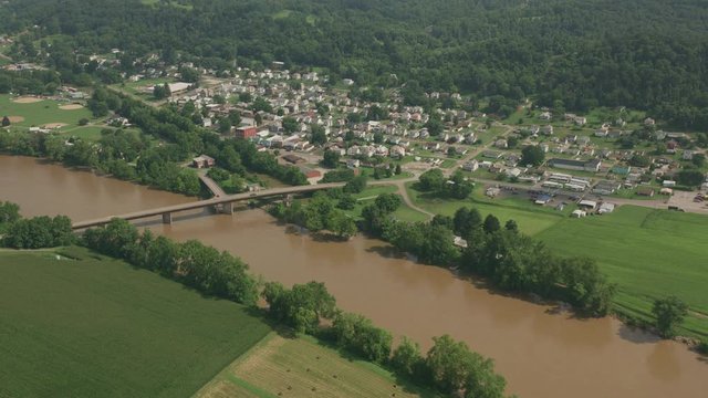 Aerial view of small town in Ohio.  Shot from helicopter with Cineflex gimbal and RED 8K camera.