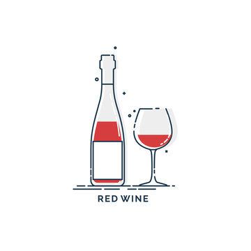 Bottle and glass red wine line art in flat style. Restaurant alcoholic illustration for celebration design. Design contour element. Beverage outline icon. Isolated on white background