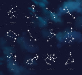 Zodiac constellations vector set on night sky background. Astrology signs, zodiacal calendar dates, star map. Mystic or esoteric symbols.
