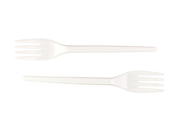 Plastic spoon and fork isolated on white background.