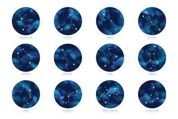 Zodiac constellations vector set on night sky circle backgrounds. Astrology signs, zodiacal calendar dates, star map. Mystic or esoteric symbols. © Valedi 